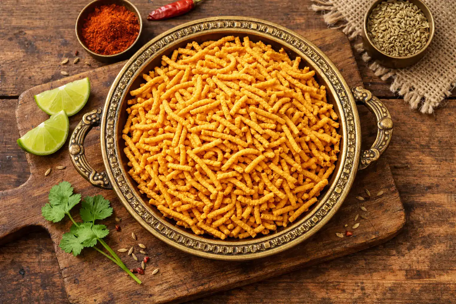 Haldiram's Bikaneri Bhujiya frais sur table rustique en bois - 168 calories par portion de 30 g