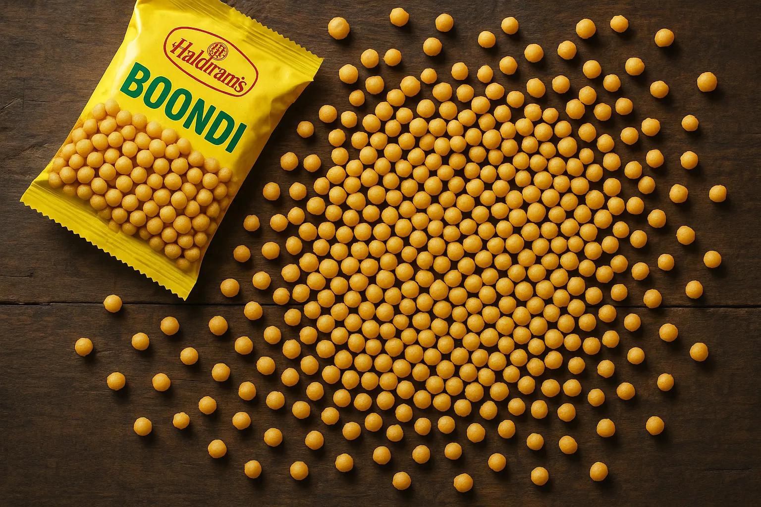 Frisches Haldiram's Boondi auf rustikalem Holztisch - 497 Kalorien pro 100 g