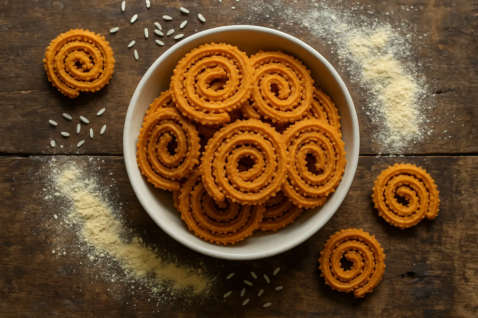 Fresh Haldiram's Chakli on rustic wooden table - 460 calories per 100g