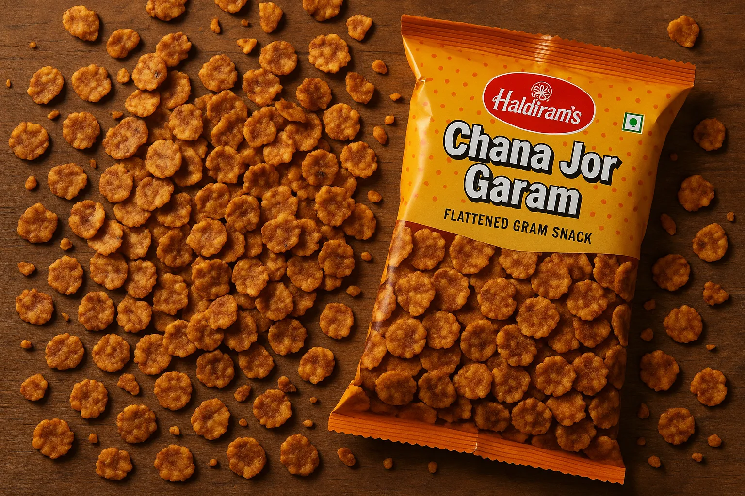 Frisches Haldiram's Chana Jor Garam auf rustikalem Holztisch - 380 Kalorien pro 100 g