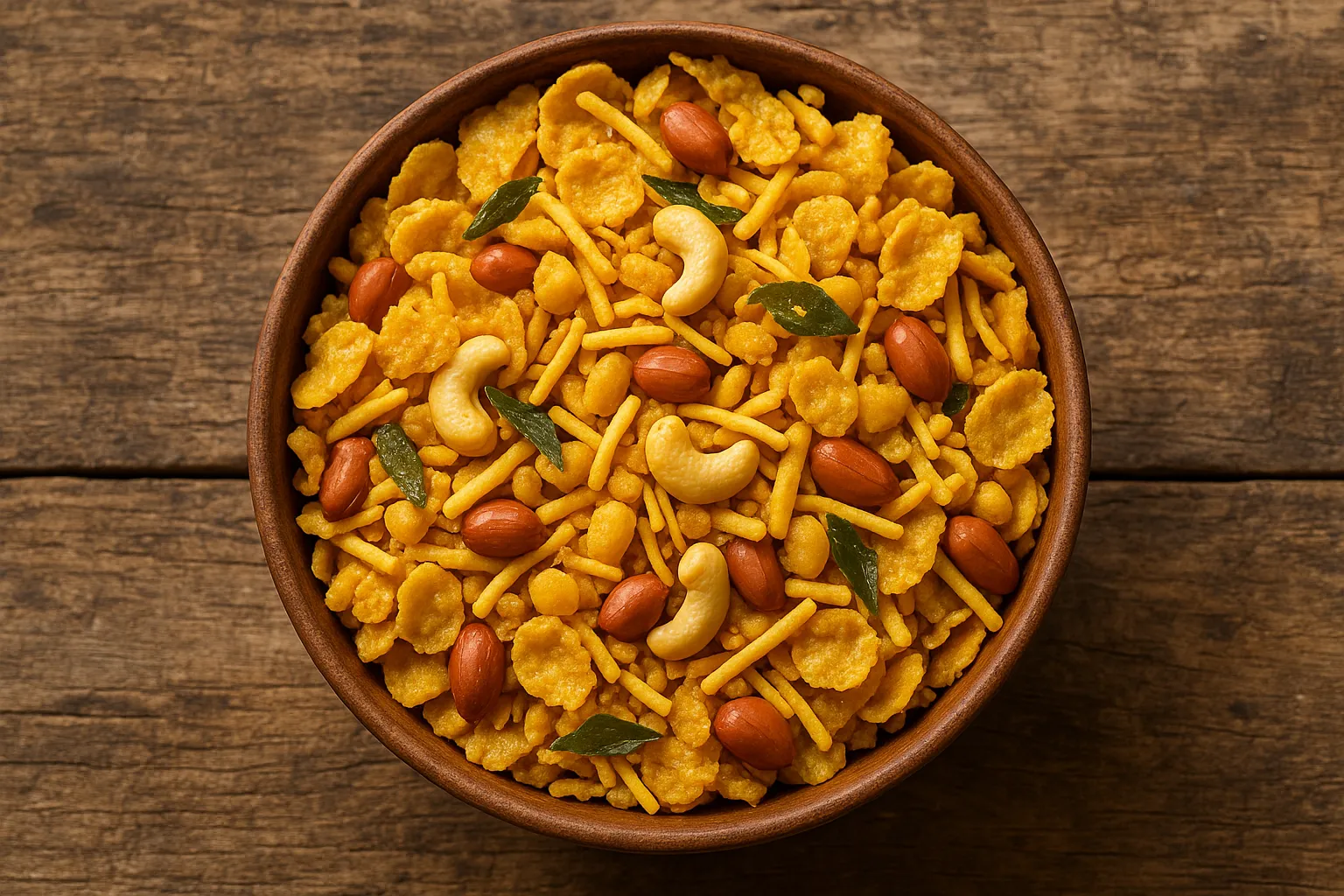 Fresh Haldiram's cornflakes mixture on rustic wooden table - 533 calories per 100g