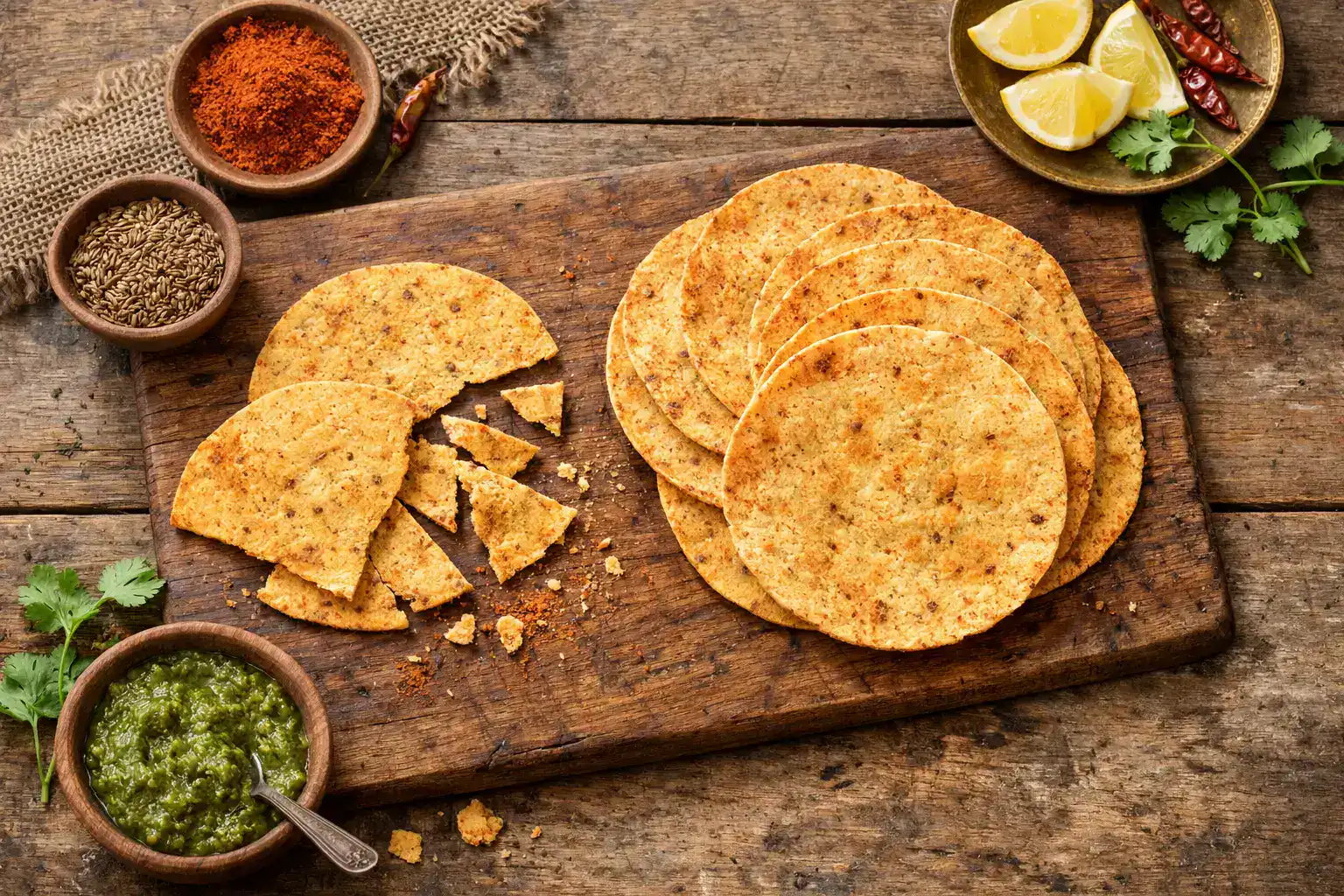 Fresh baked khakhra on rustic wooden table - 90 calories per piece