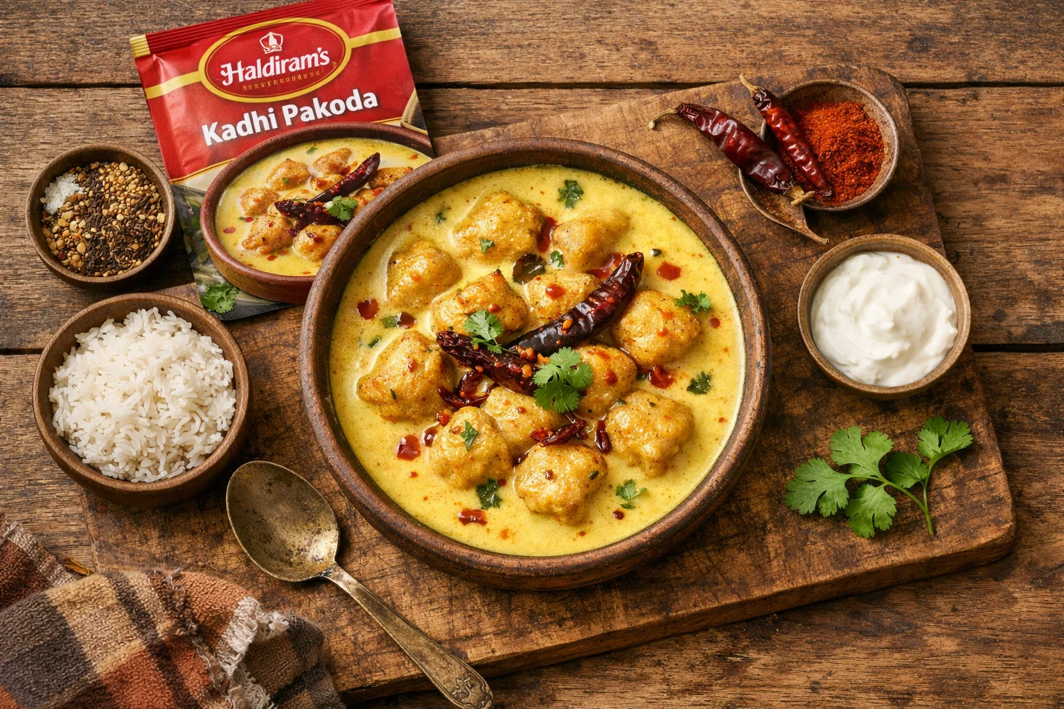 Curry Haldiram's Kadhi Pakoda dans un bol sur une table en bois - 170 calories par portion