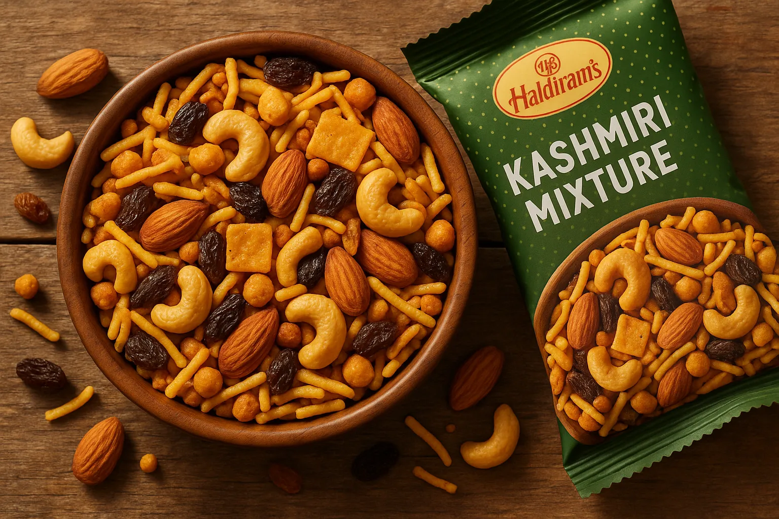 Frisches Haldiram's Kashmiri Mixture auf rustikalem Holztisch - 532 Kalorien pro 100 g