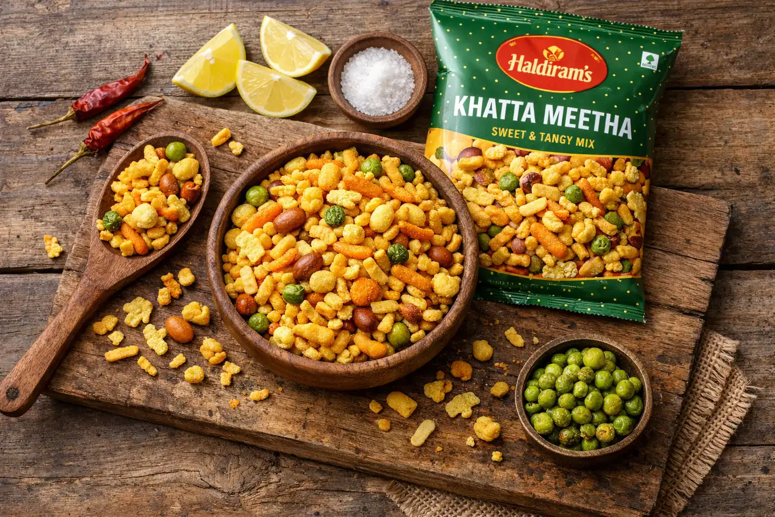 Fresh Haldiram's Khatta Meetha on rustic wooden table - 548 calories per 100g