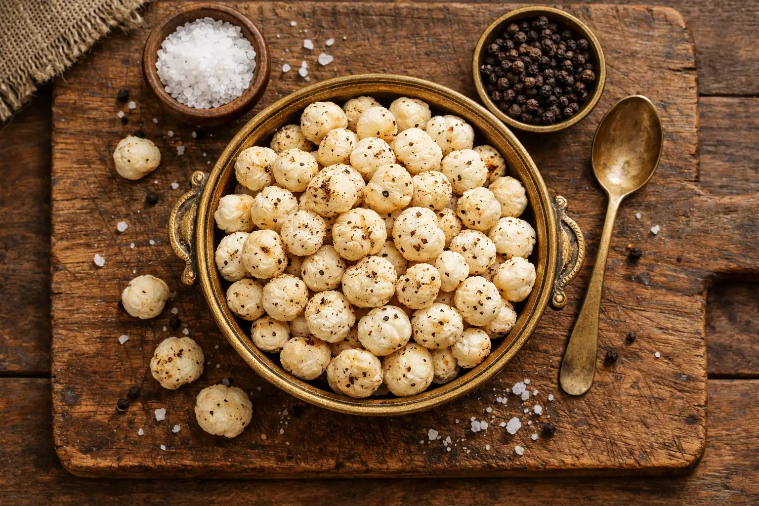 Fresh Haldiram's Magic Makhana Salt and Pepper on rustic wooden table - 160 calories per 30g serving