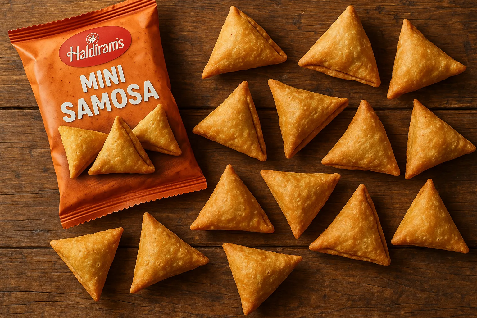 Fresh Haldiram's Mini Samosas on rustic wooden table - 463 calories per 100g