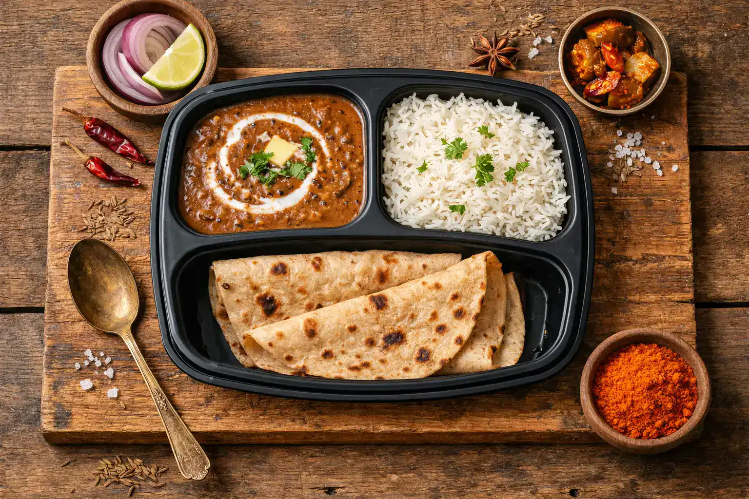 Haldiram's Minute Khana Fertiggericht auf rustikalem Holztisch - 155 Kalorien pro 100 g