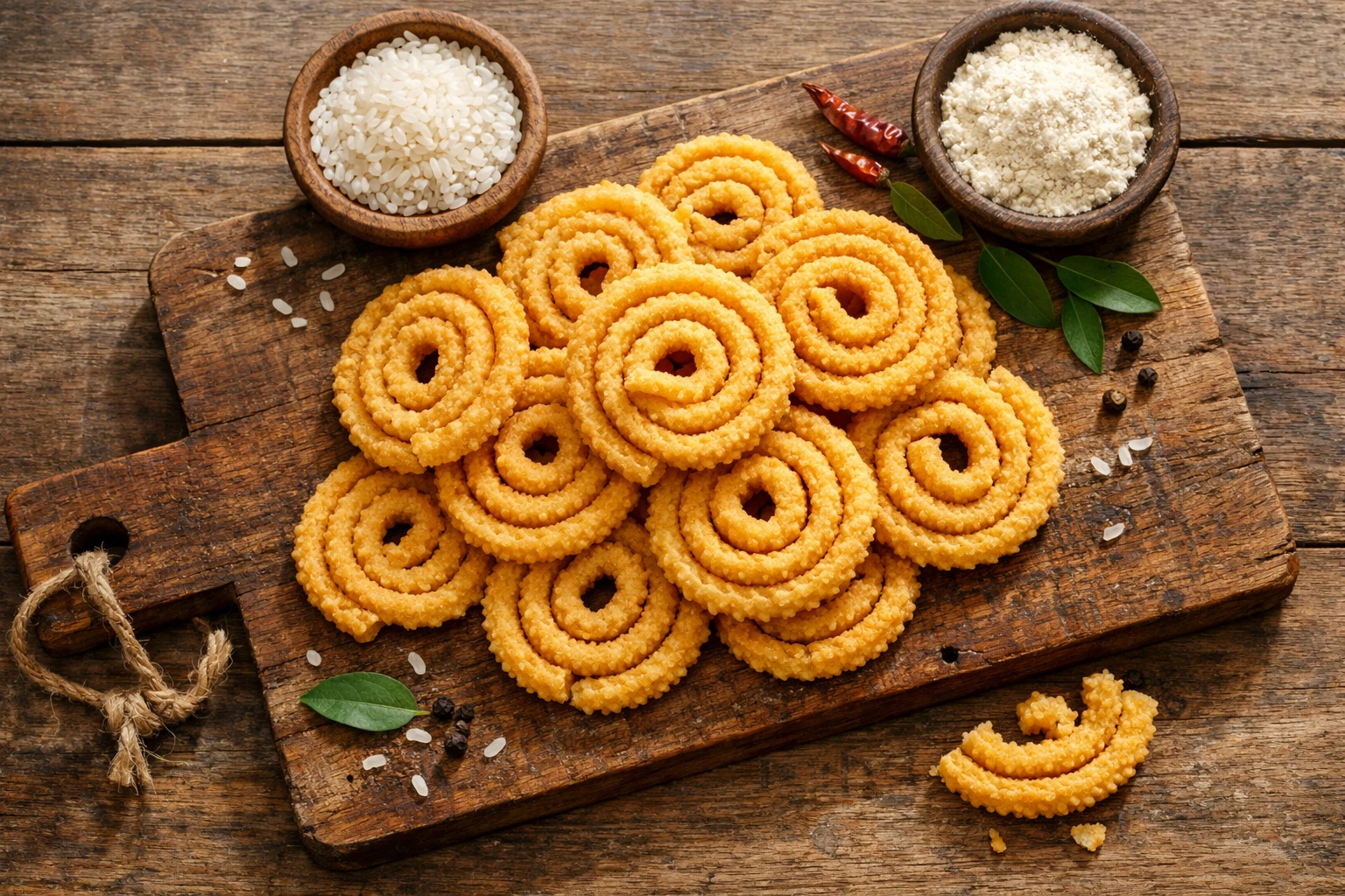 Snack frais Moorukulu en spirale sur table en bois rustique - 260 calories par portion de 50g