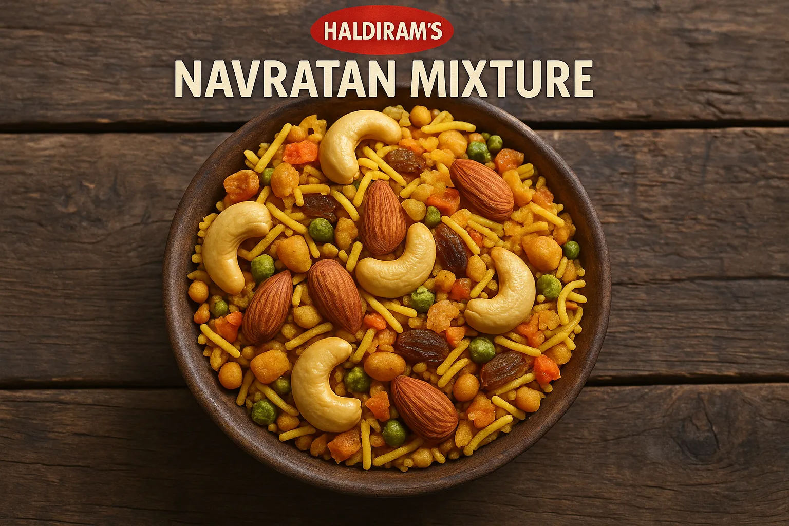 Fresh Haldiram's Navratan mixture on rustic wooden table - 580 calories per 100g