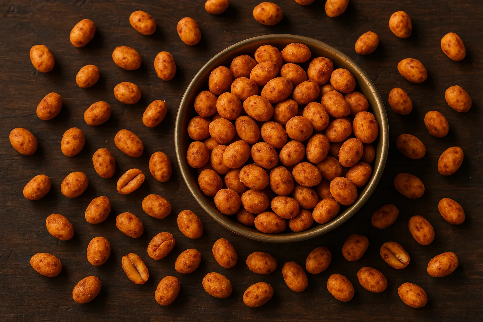 Haldiram's Nut Cracker gewürzte Erdnüsse auf rustikalem Holztisch – 634 Kalorien pro 100 g