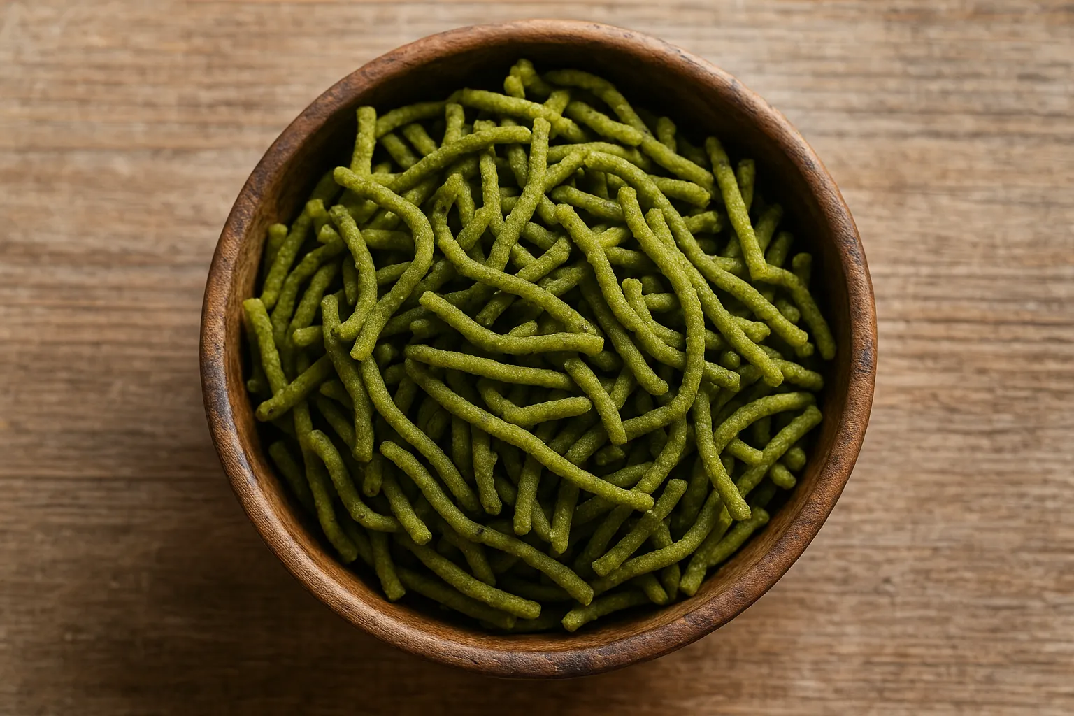 Fresh Haldiram's Palak Sev in wooden bowl - 520 calories per 100g