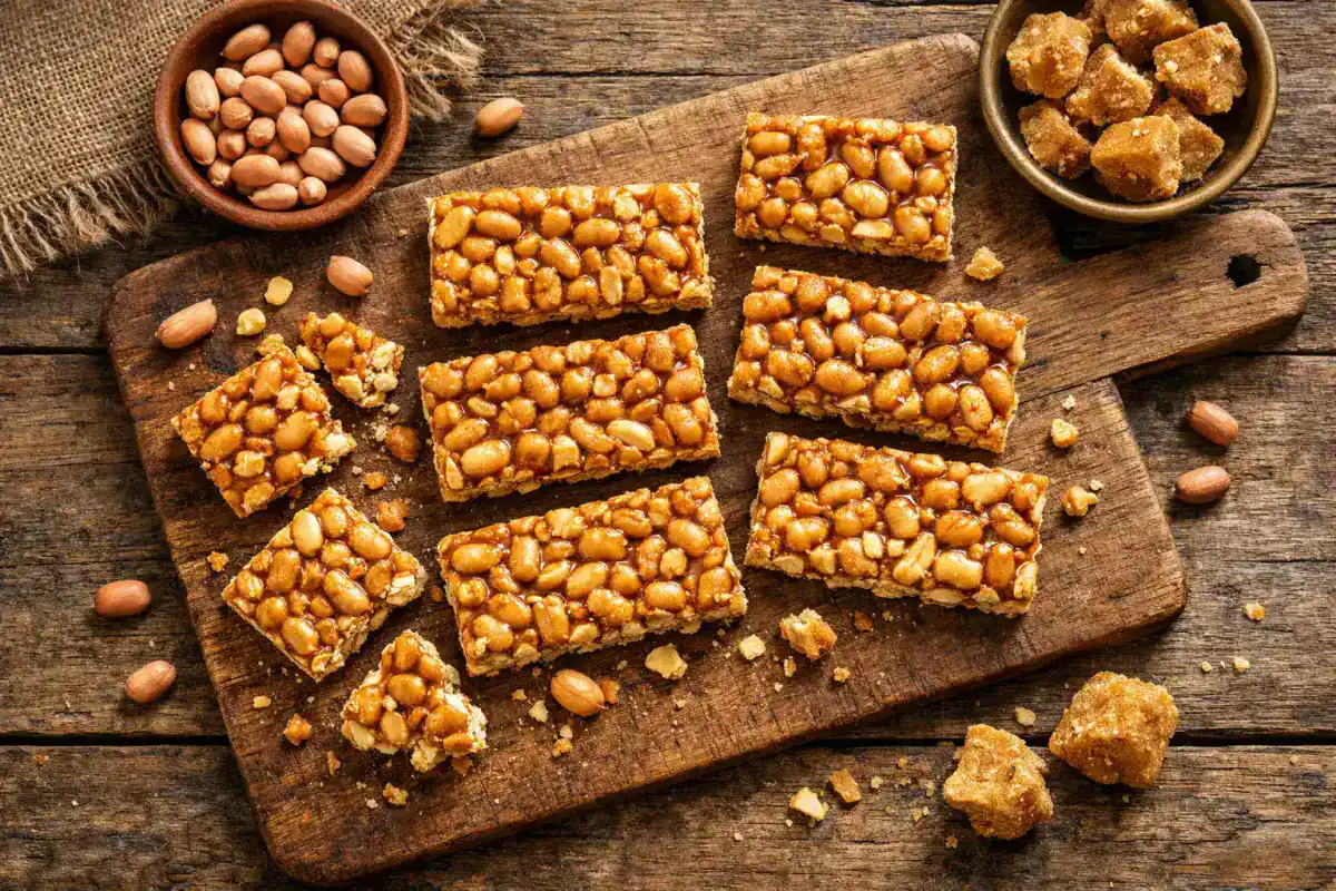 Haldiram's Peanut Chikki Bar frais sur une table en bois rustique - 186 calories par barre
