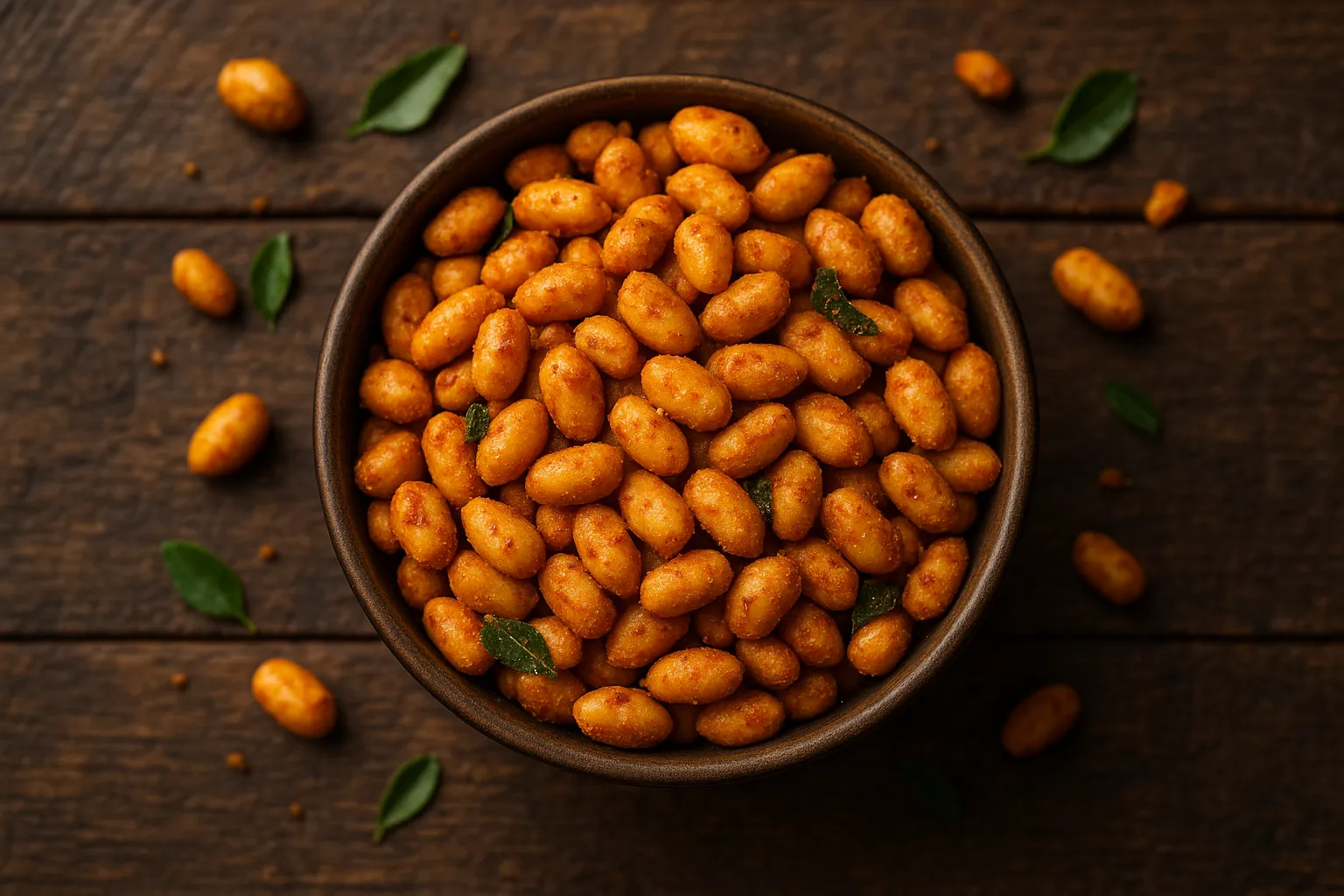 Fresh Haldiram's Peanut Masala on rustic wooden table - 567 calories per 100g