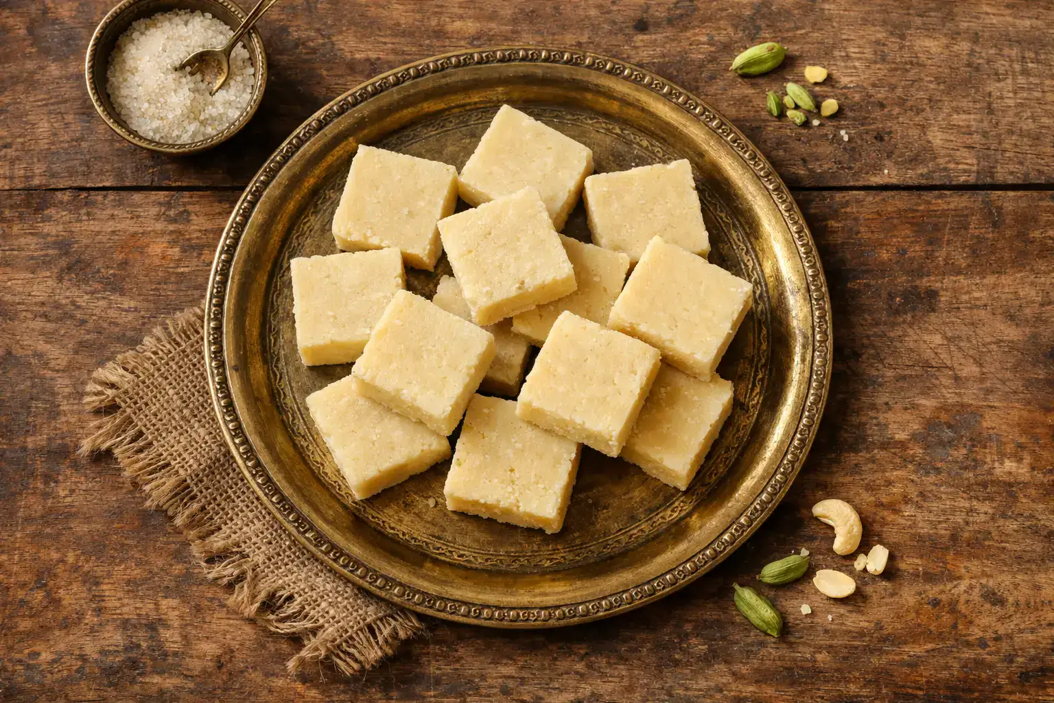 Fresh plain burfi pieces on rustic wooden table - 125 calories per piece