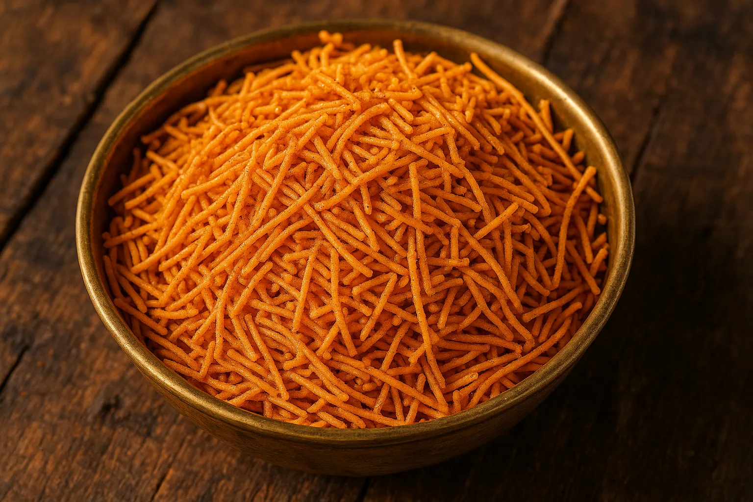 Fresh Haldiram's Ratlami Sev on rustic wooden table - 540 calories per 100g