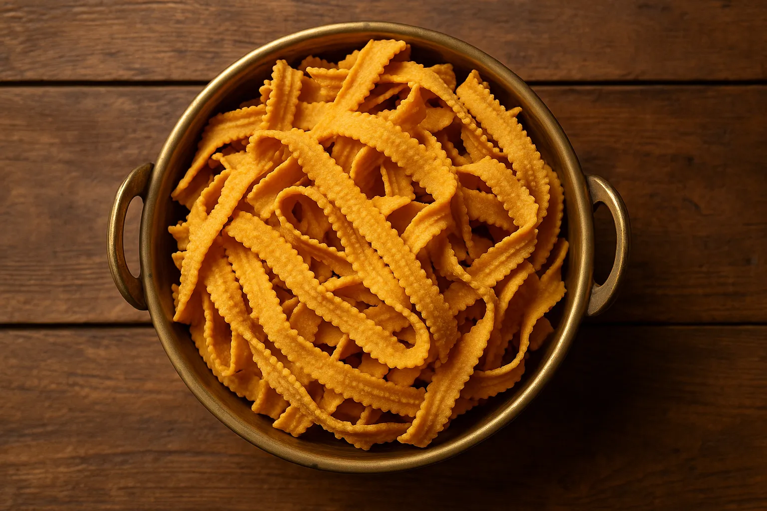 Fresh Haldiram's Ribbon Pakoda on rustic wooden table - 510 calories per 100g