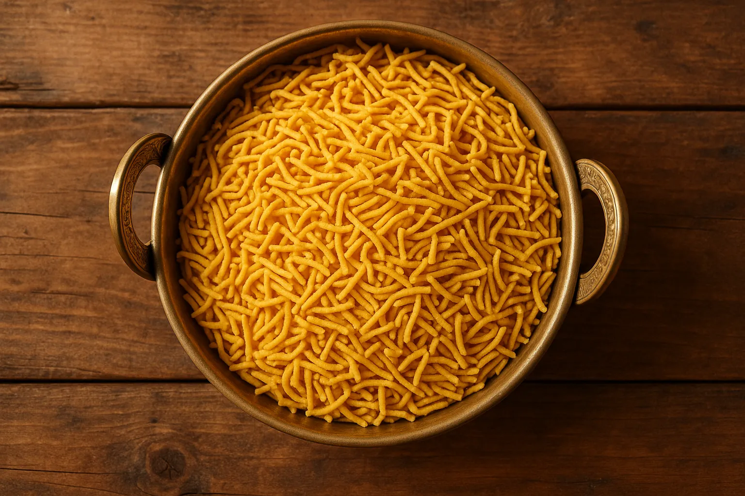 Fresh Haldiram's Sev Bhujia on rustic wooden table - 525 calories per 100g