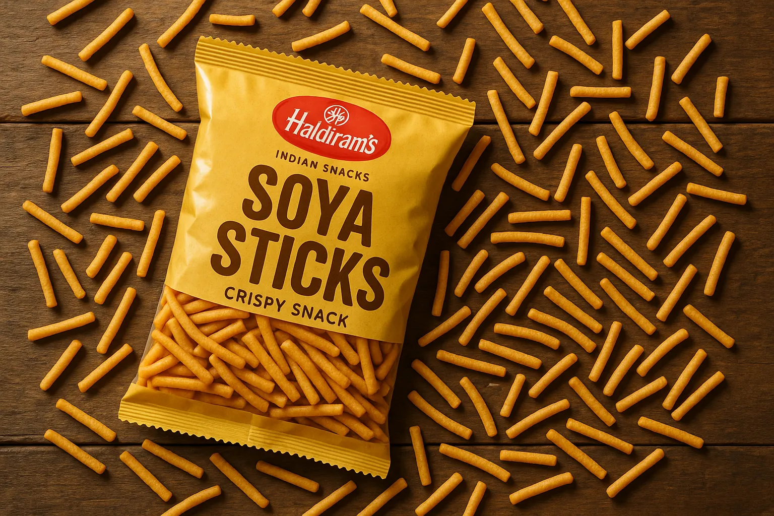 Fresh Haldiram's Soya Sticks on rustic wooden table - 510 calories per 100g
