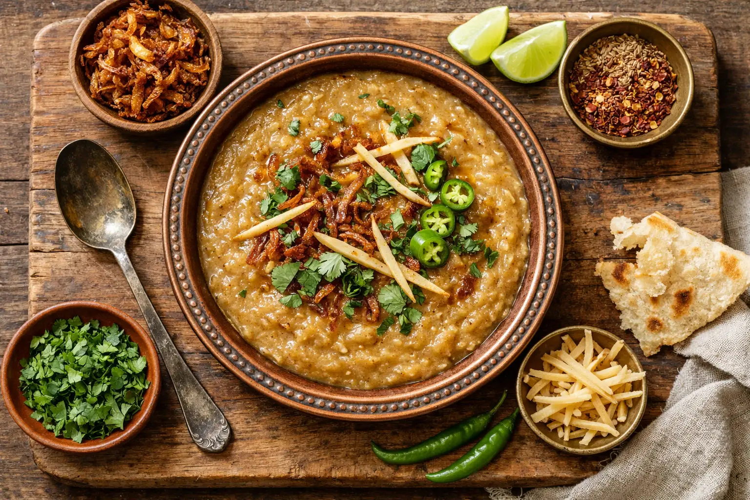 Haleem frais sur table en bois rustique - 376 calories par bol