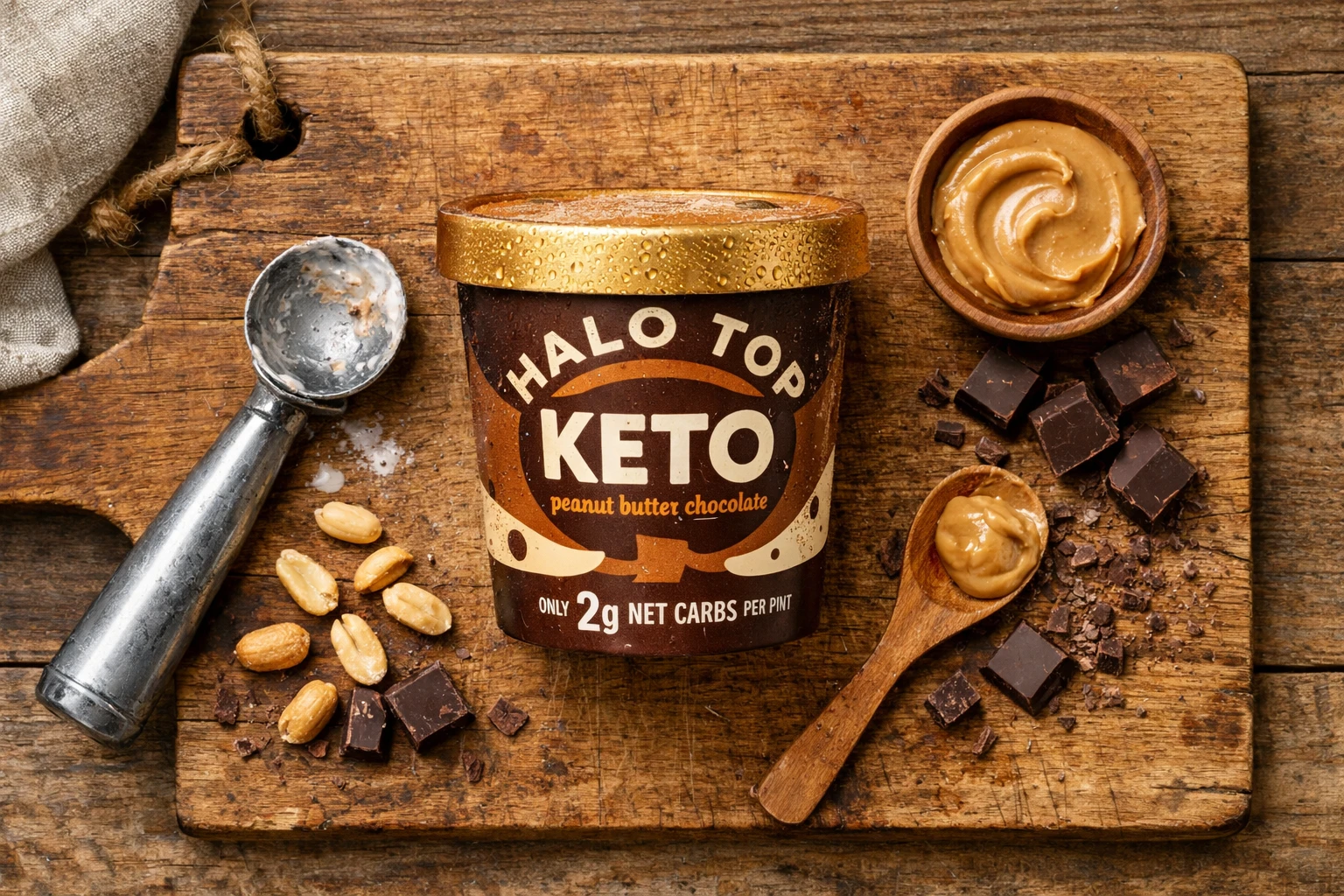 Frisches Halo Top Keto Eis-Pint auf rustikalem Holztisch - 280 Kalorien pro Pint