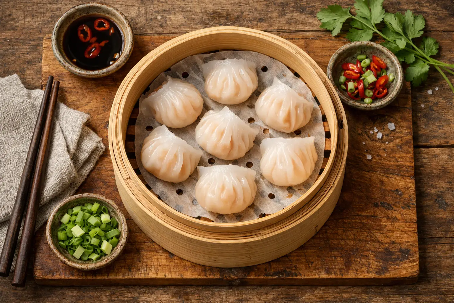 Fresh har gow shrimp dumplings in bamboo steamer - 135 calories per 3 dumplings