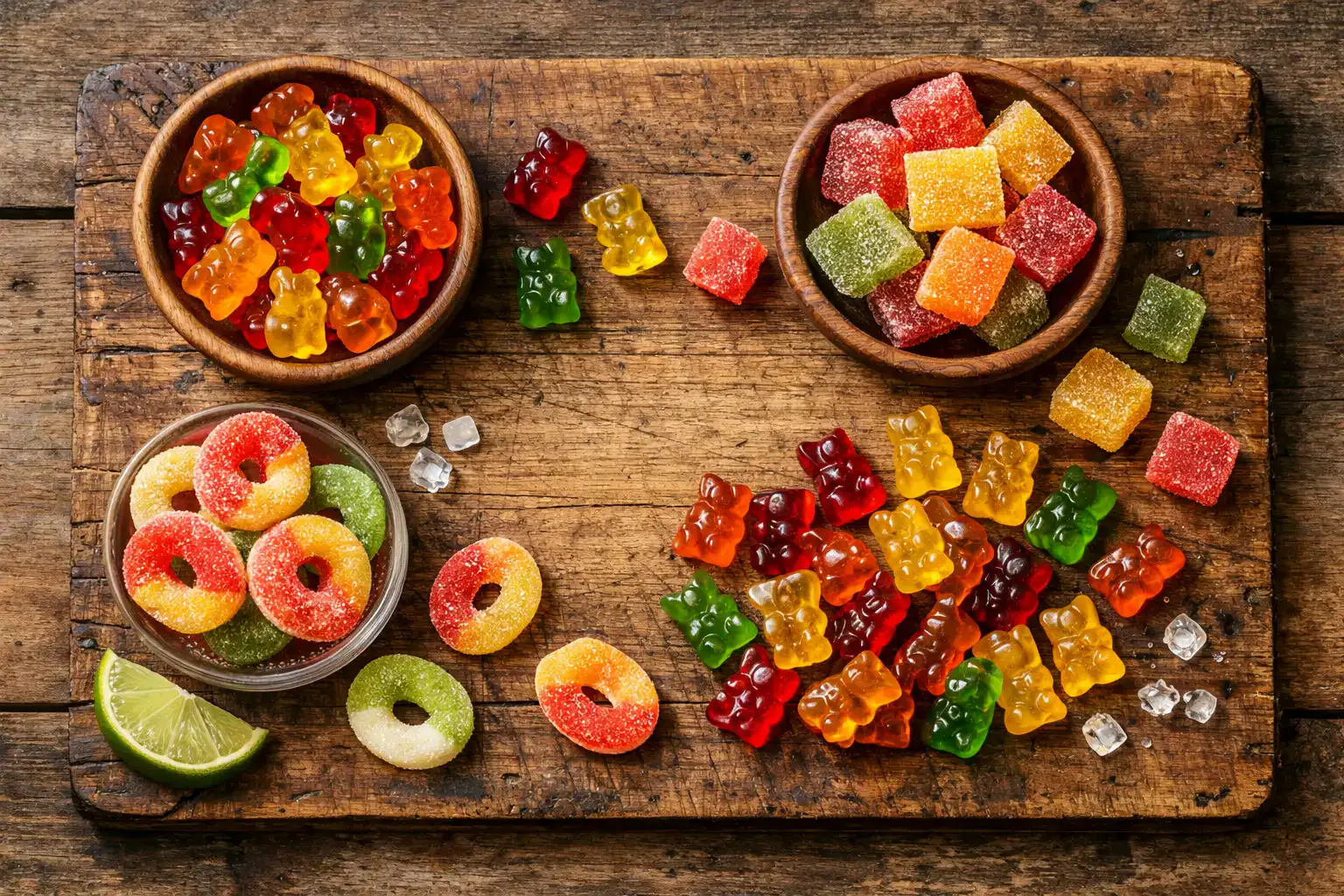 Frische Alkohol-Gummibärchen auf einem rustikalen Holztisch – 36 Kalorien pro Stück