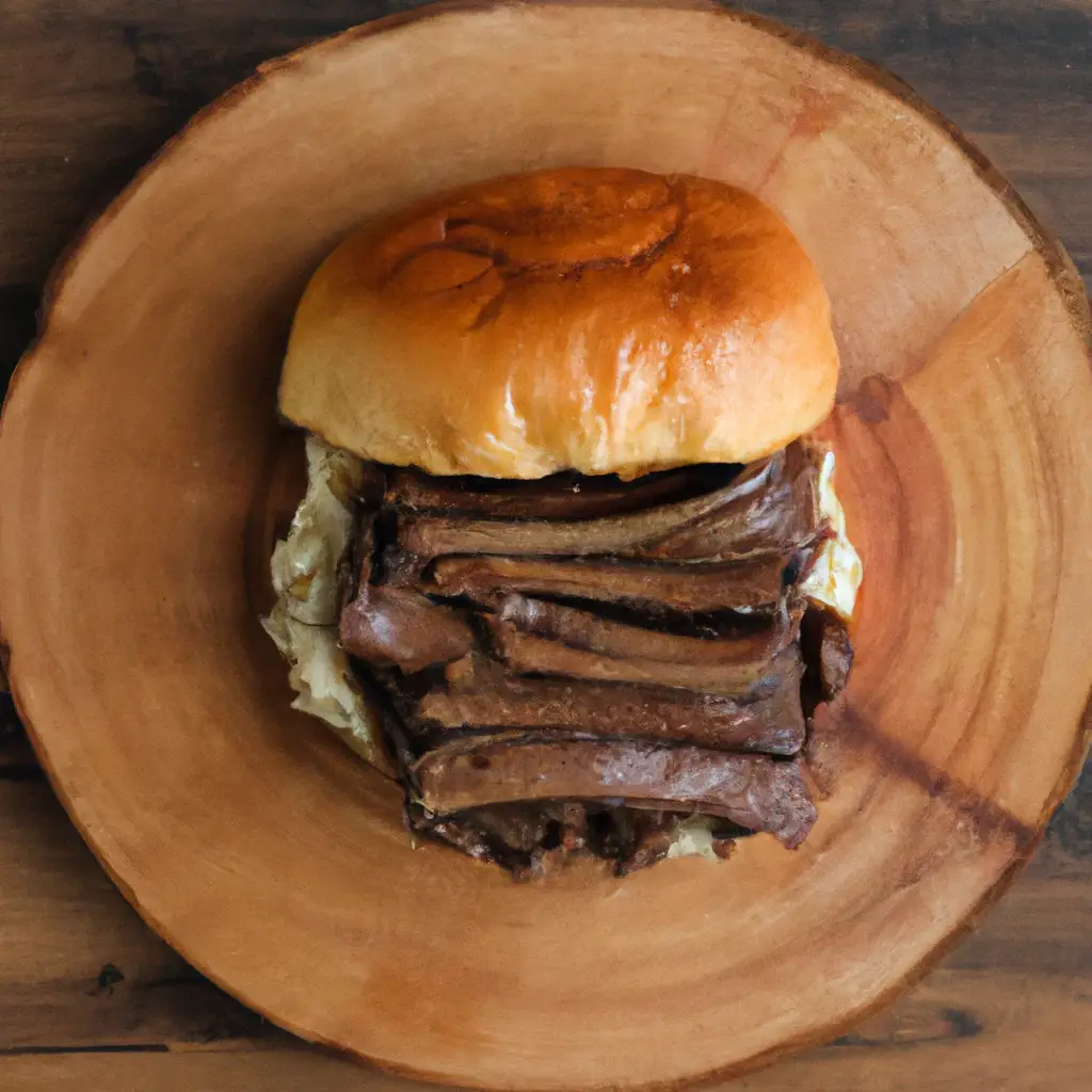 Fresh Hardee's Prime Rib Burger on rustic wooden table - 850 calories per burger