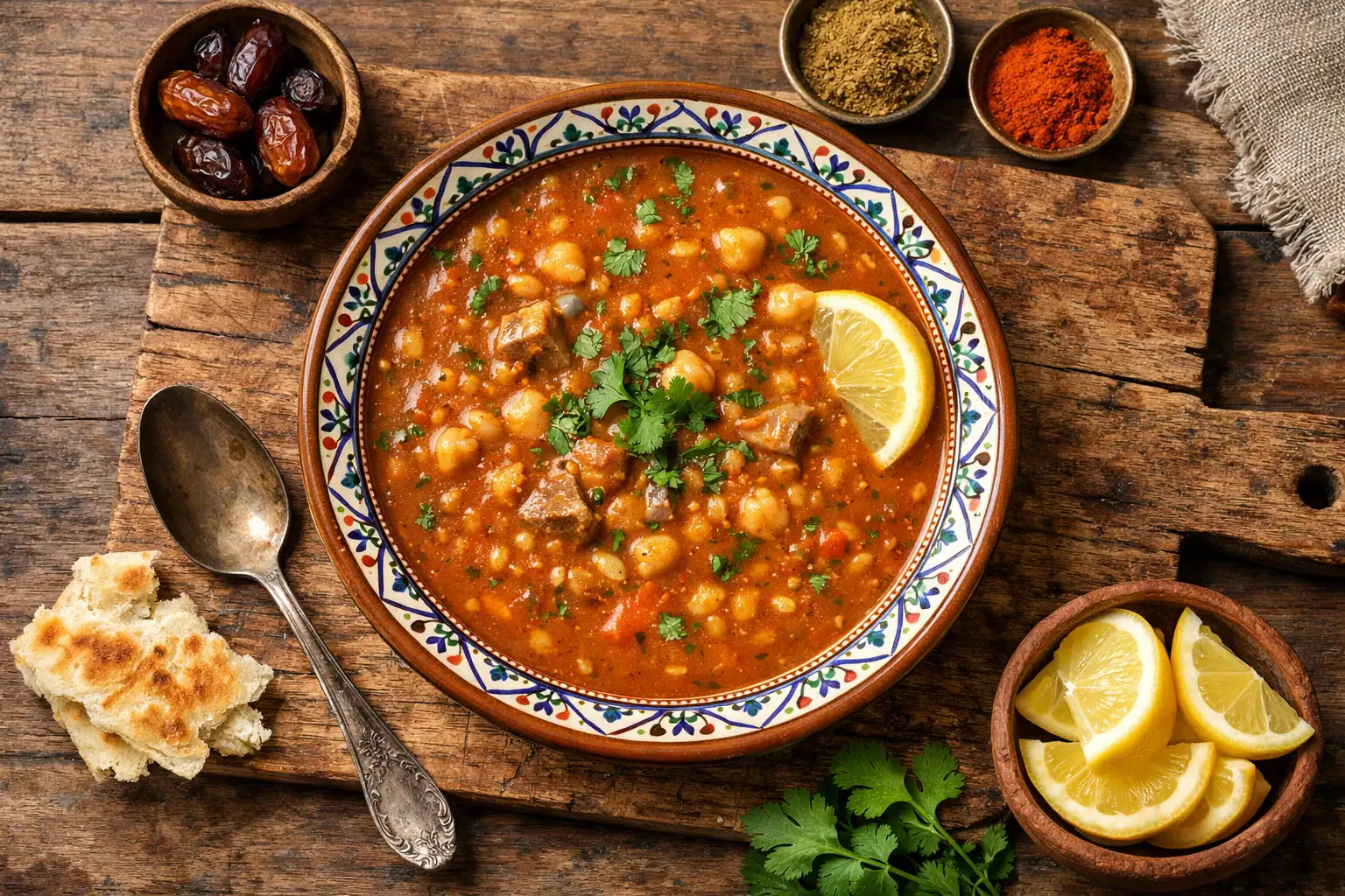 Fresh Moroccan harira soup in traditional bowl - 280 calories per bowl