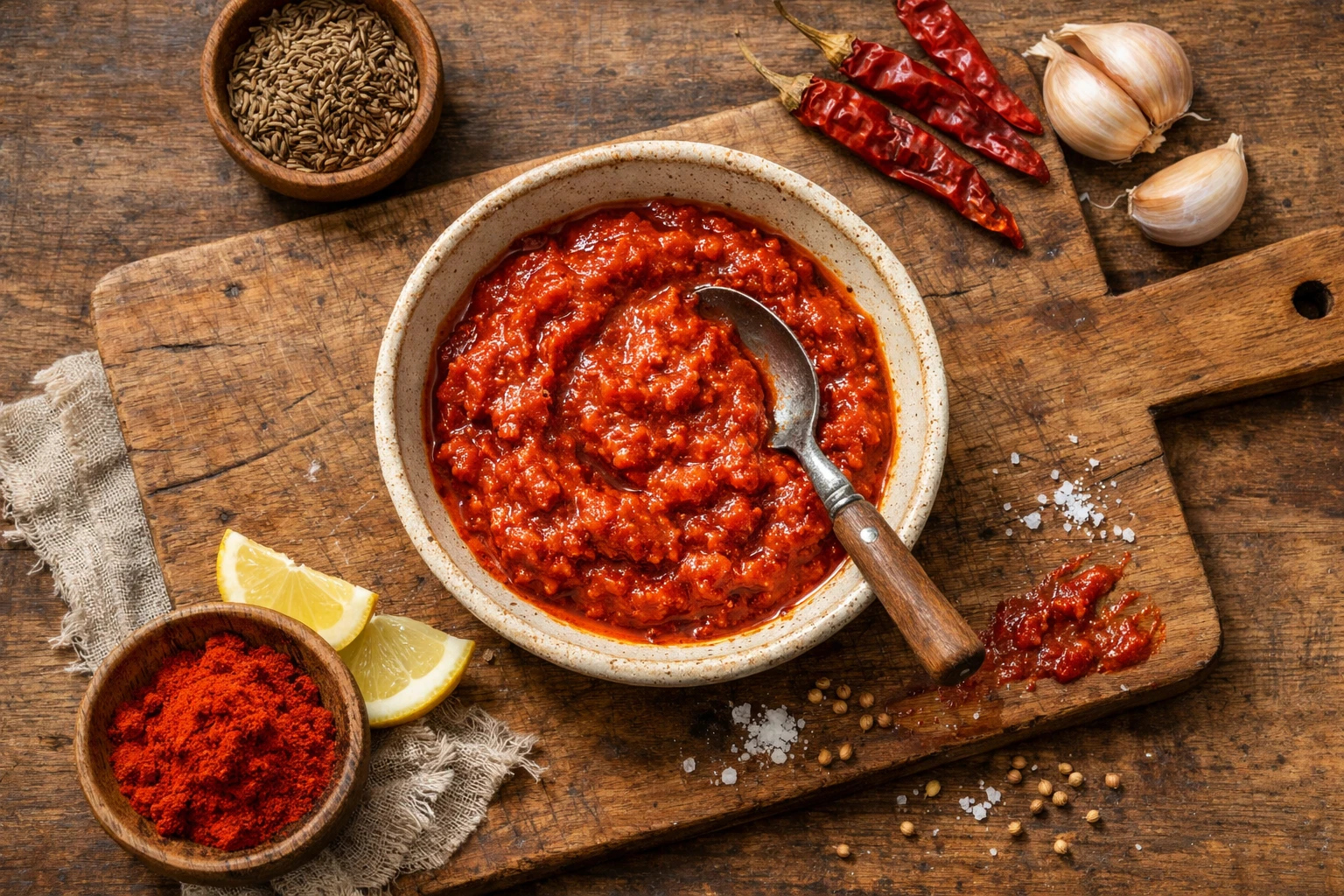 Frische Harissa-Paste in Schale auf rustikalem Holztisch - 54 Kalorien pro Esslöffel