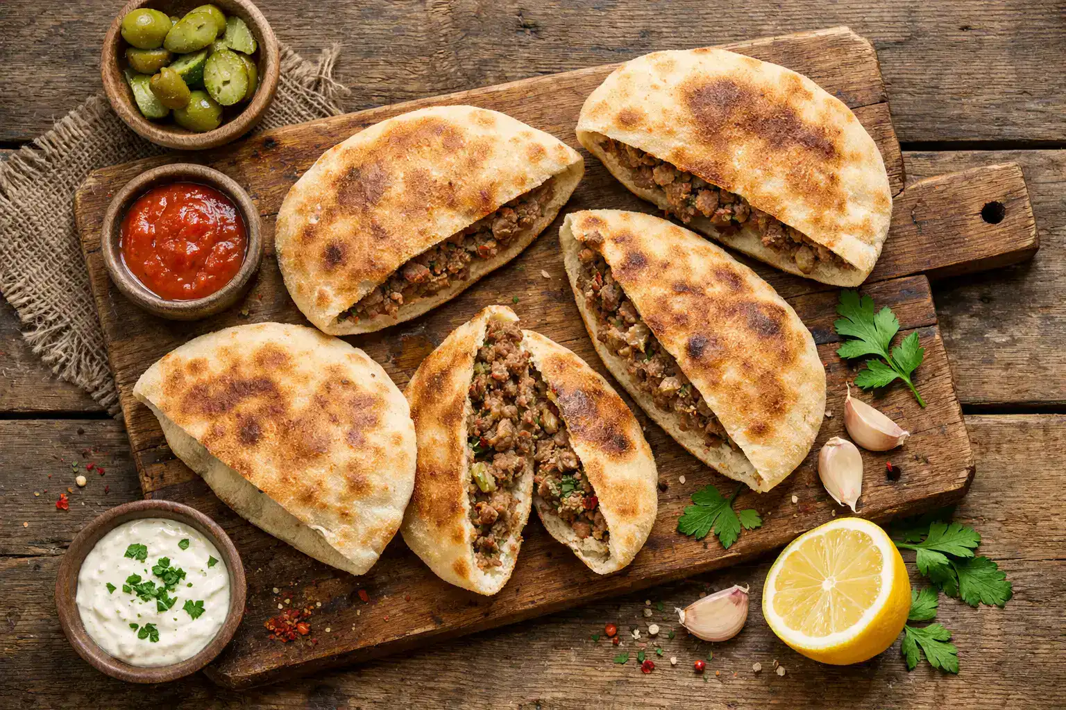 Hawawshi égyptien frais, pita farci à la viande sur table en bois rustique - 350 calories par pièce