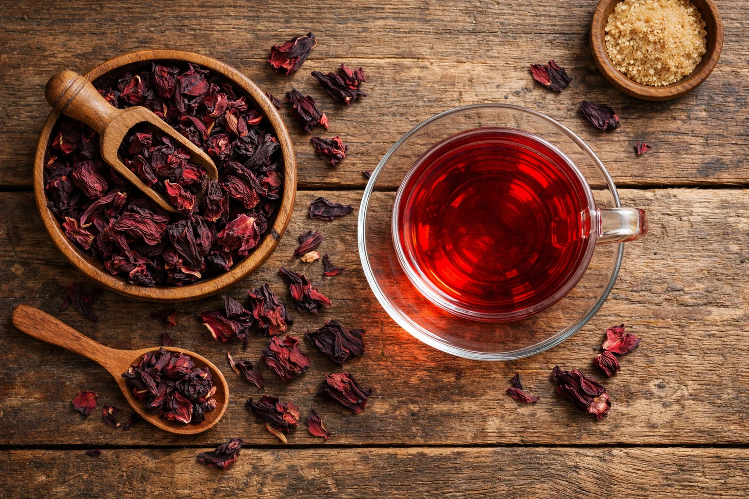 Fresh hibiscus tea in glass cup with dried flowers - 5 calories per cup