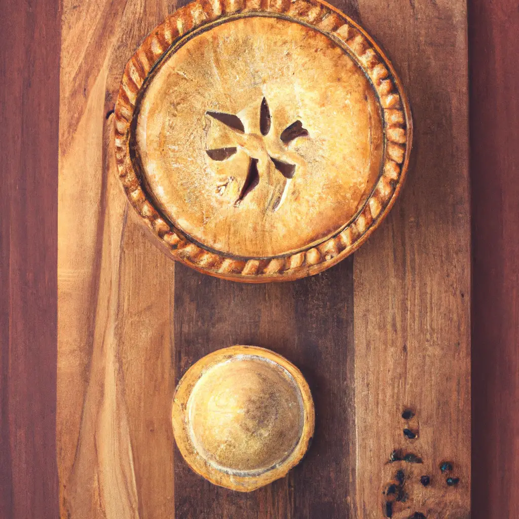 Fresh Higgidy Slow-Cooked Steak & Guinness Pie on rustic wooden table - 450 calories per 200g pie
