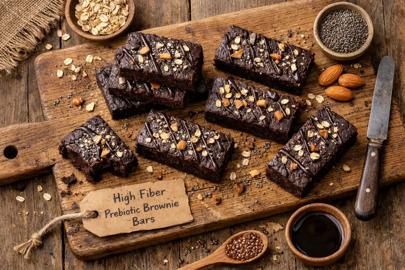 Frischer ballaststoffreicher präbiotischer Brownie auf rustikalem Holztisch - 70 Kalorien pro Riegel