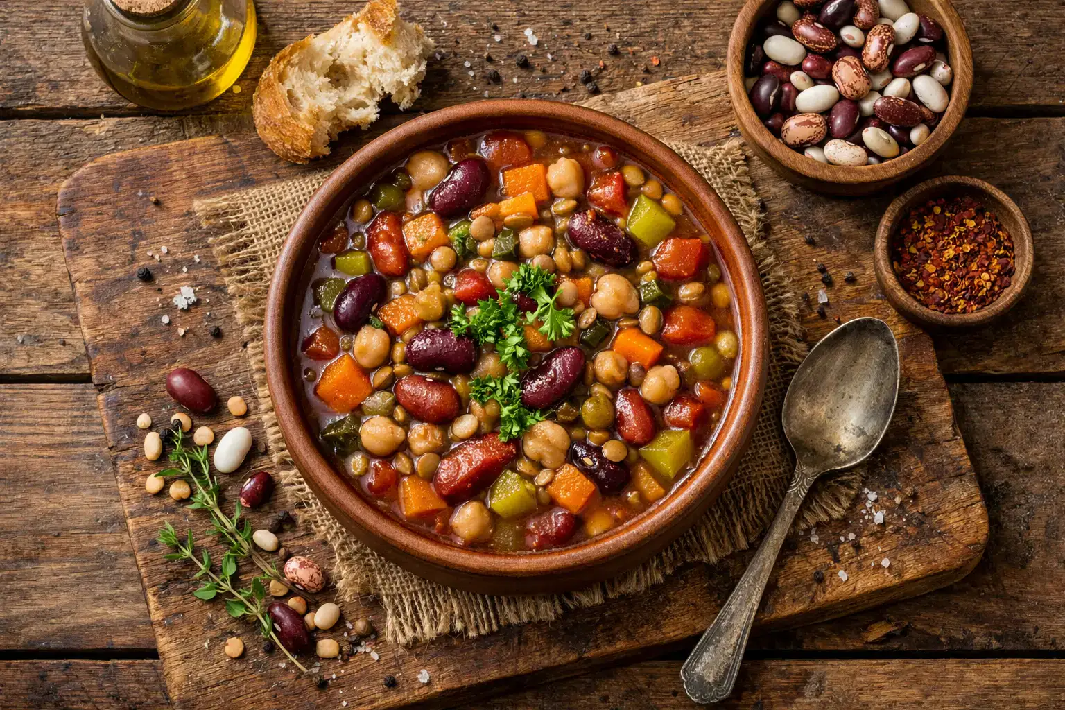 Comida alta en legumbres fresca sobre mesa de madera rústica - 280 calorías por porción