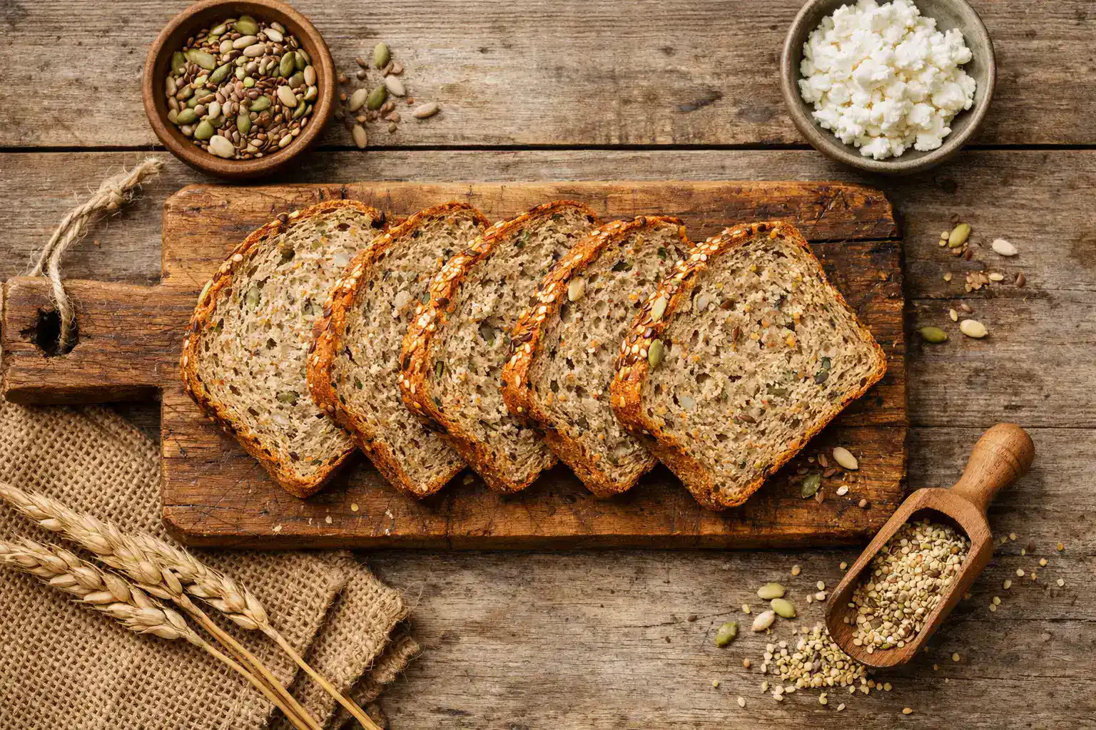 Frisches High Protein Bread auf rustikalem Holztisch - 250 Kalorien pro 100 g