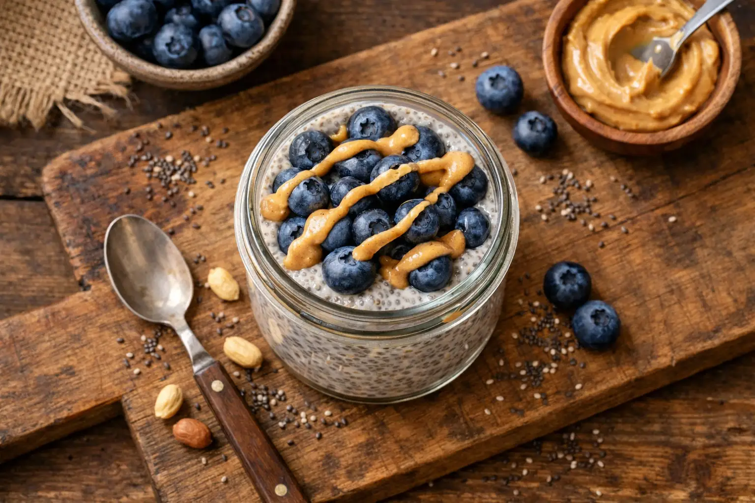 Fresh high-protein chia pudding with blueberries and peanut butter on rustic wooden table - 280 calories per serving