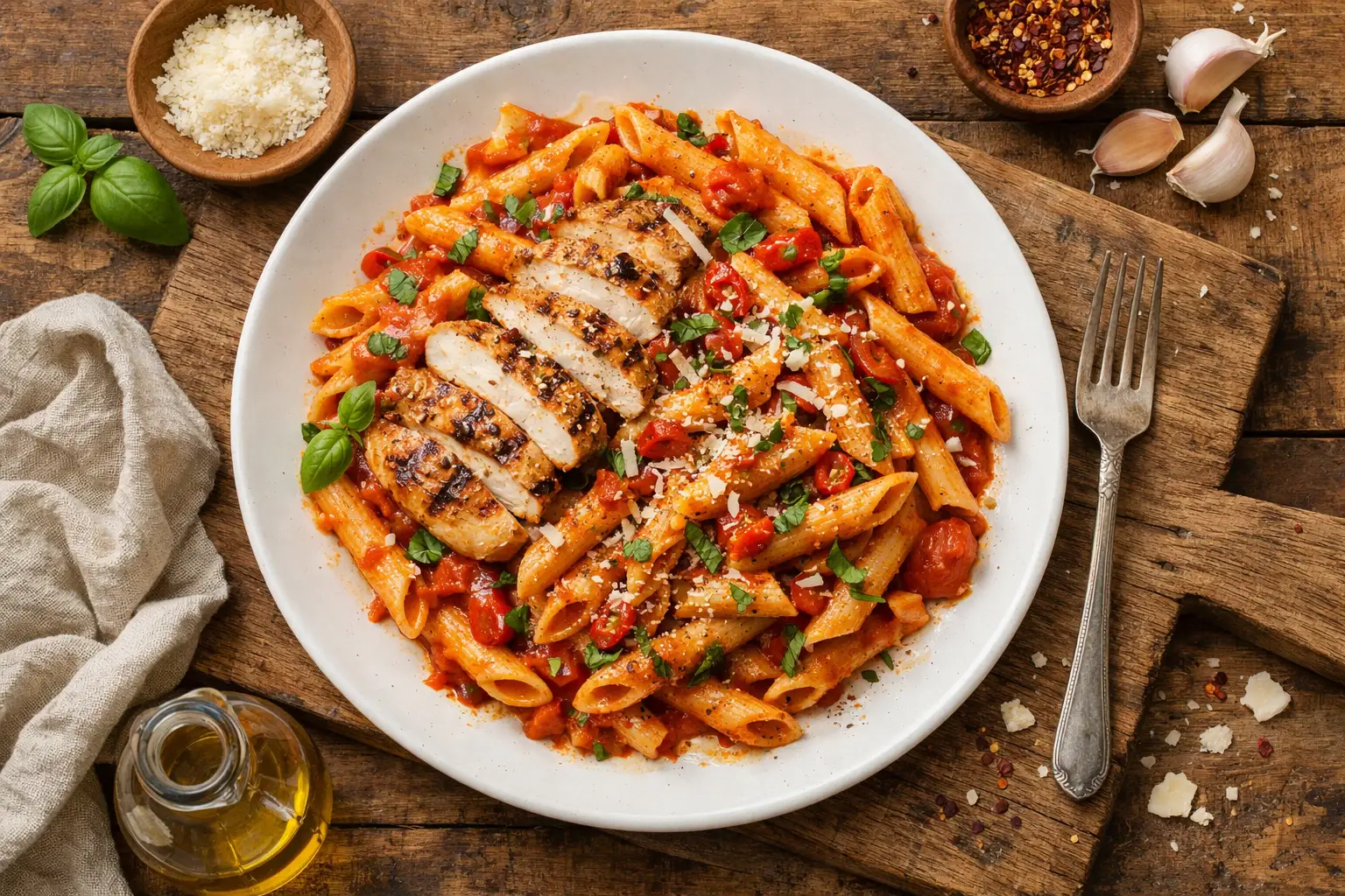 High protein chicken arrabbiata pasta on white plate - 432 calories per serving