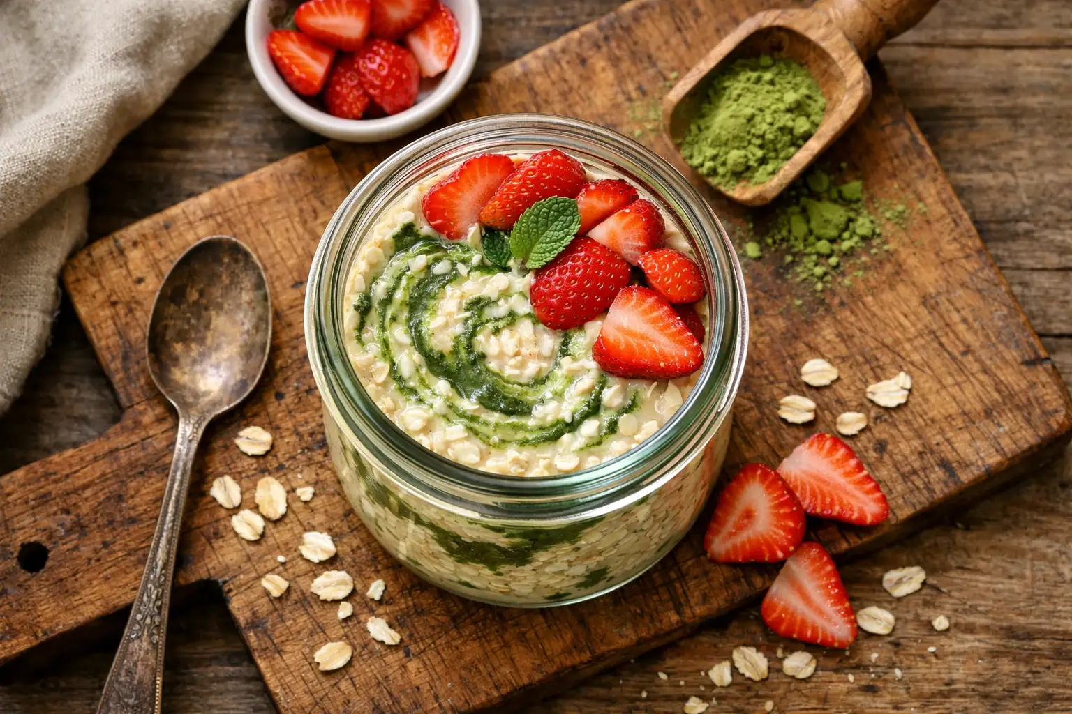 Frische High Protein Overnight Oats mit Erdbeeren und Matcha im Glas - 266 Kalorien pro Portion