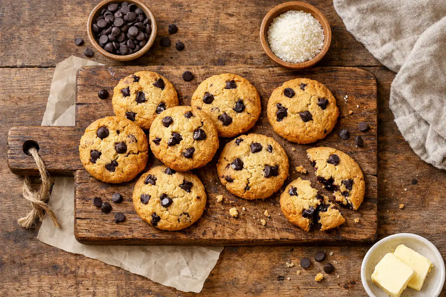 Fresh HighKey keto chocolate chip cookies on rustic wooden table - 140 calories per serving