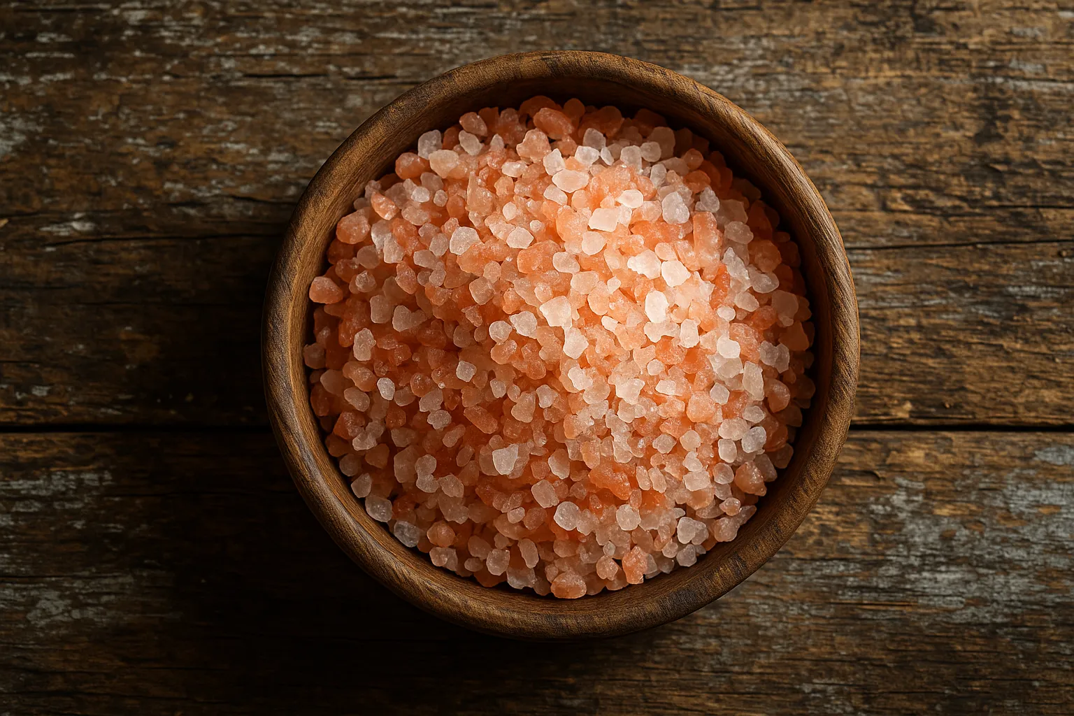 Fresh Himalayan pink salt on rustic wooden table - 0 calories per teaspoon