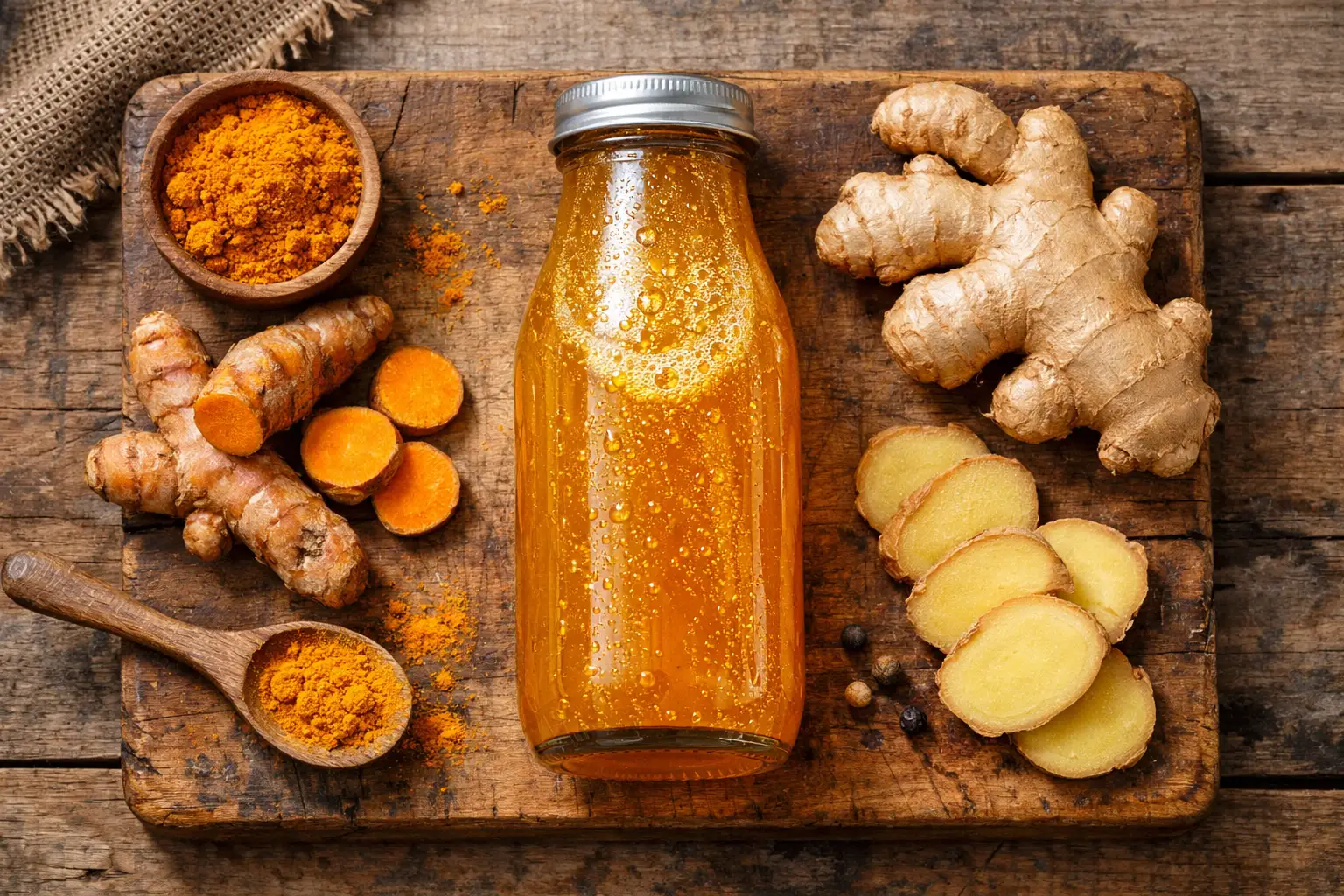 रस्टिक लकड़ी की मेज पर ताज़ा अदरक हल्दी स्पार्कलिंग ड्रिंक - 250 ml बोतल में 15 कैलोरी