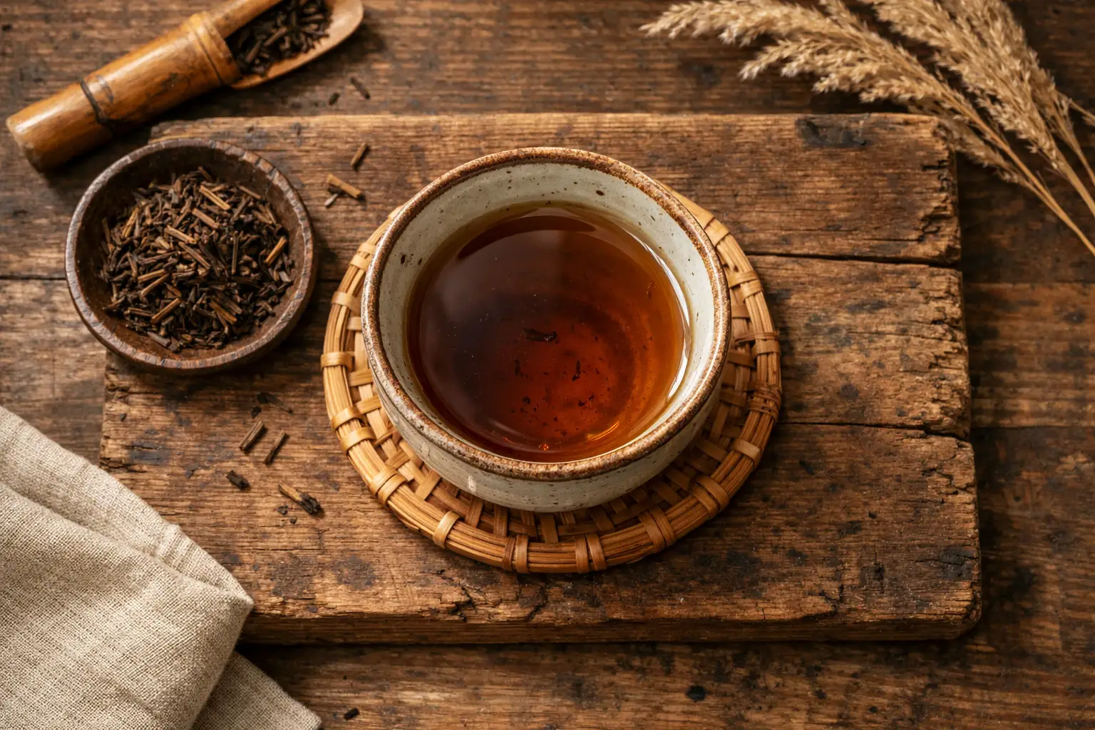 Frischer Hojicha gerösteter grüner Tee in traditioneller japanischer Tasse auf Holzbrett – 0 Kalorien pro Tasse