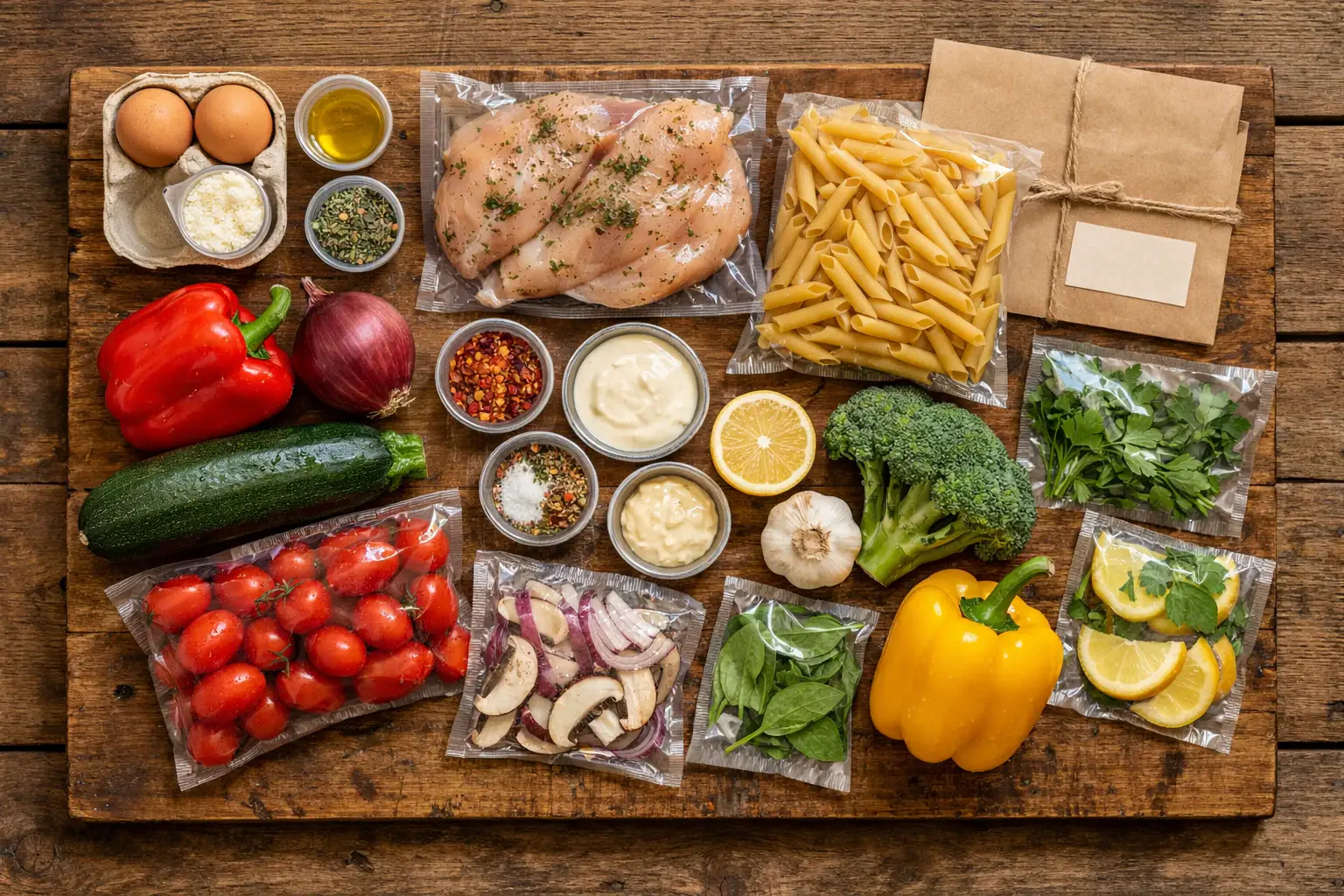 Ingredientes frescos del kit de comidas familiar Home Chef sobre mesa de madera rústica - 400 calorías por ración