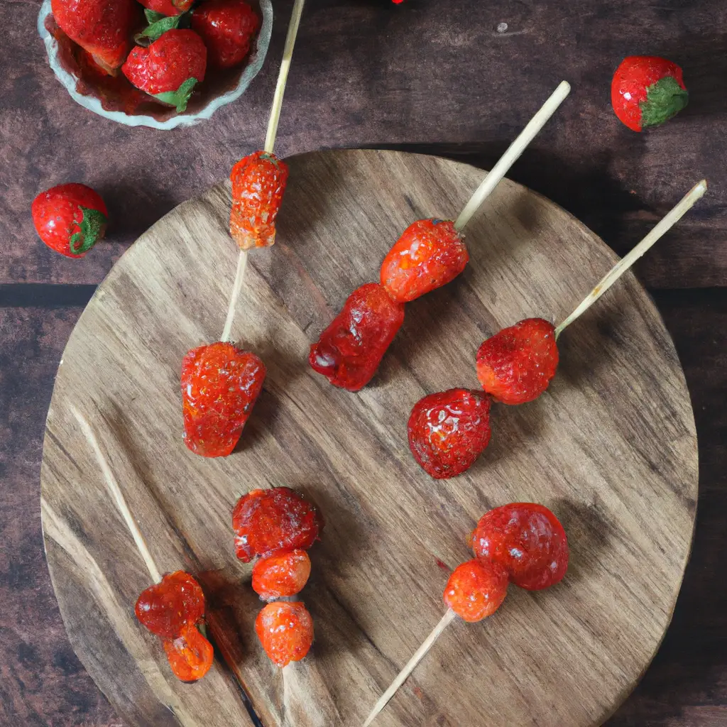 Homemade tanghulu skewers — candied strawberries on a wooden board with a glossy sugar shell