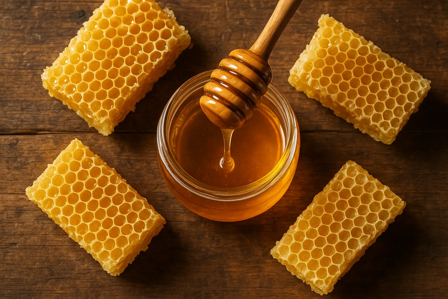 लकड़ी की टेबल पर ताजा शहद - प्रति चम्मच 64 कैलोरी