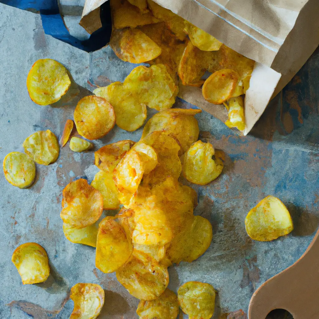Fresh Honey Butter Chips on rustic wooden table - 175 calories per 30g serving