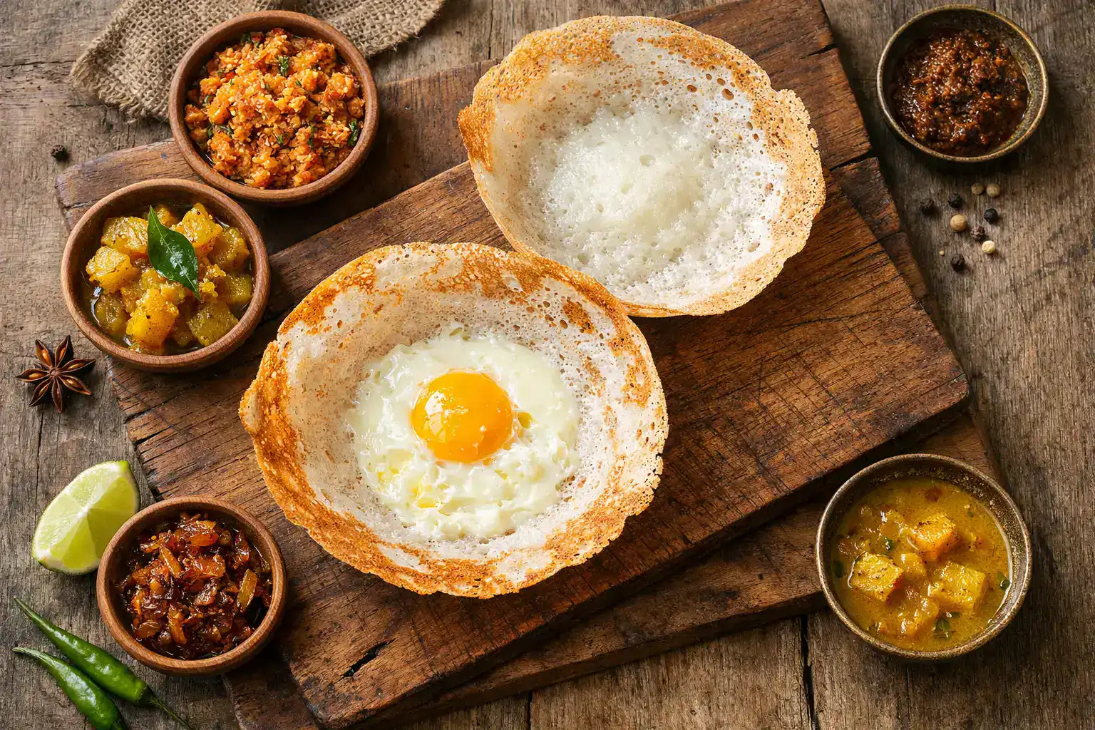 Hoppers frais du Sri Lanka sur table en bois rustique - 100 calories par hopper