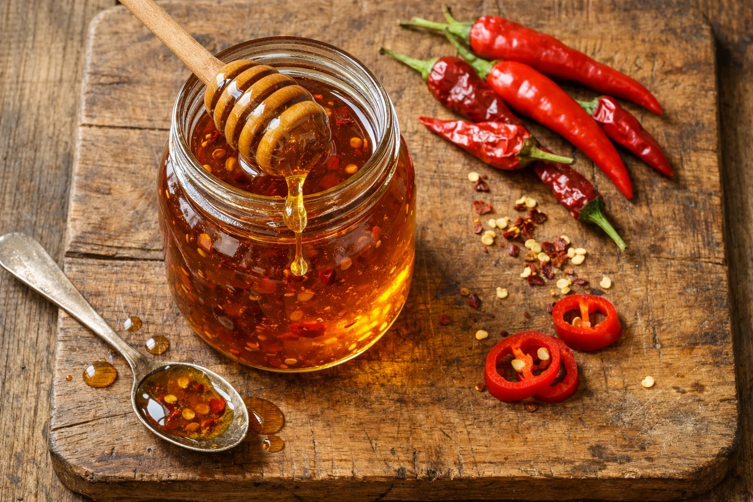 Rustic wooden table पर chili peppers के साथ fresh hot honey - 70 कैलोरी प्रति tablespoon