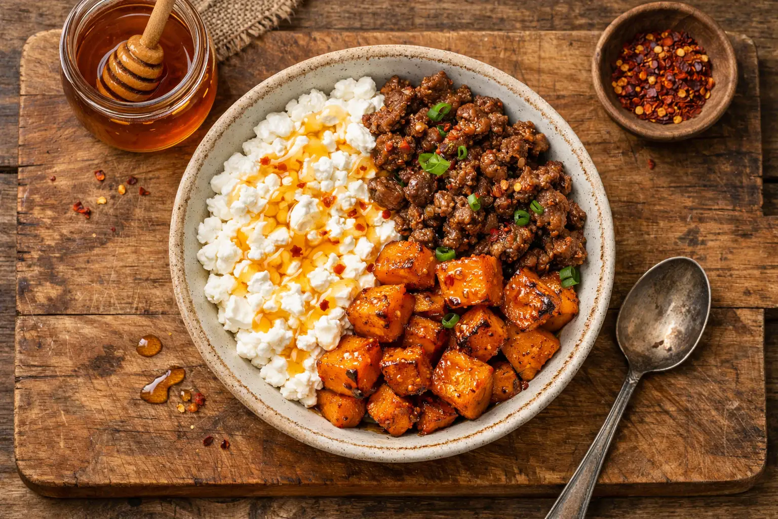 Fresh hot honey cottage cheese bowl with sweet potato and beef on rustic wooden table - 480 calories per bowl